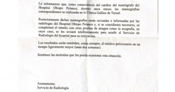 Carta remitida a los pacientes que fueron derivados a la sanidad privada para realizar una mamografía