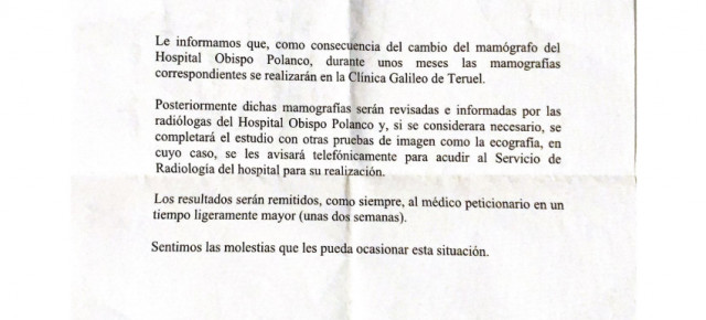 Carta remitida a los pacientes que fueron derivados a la sanidad privada para realizar una mamografía